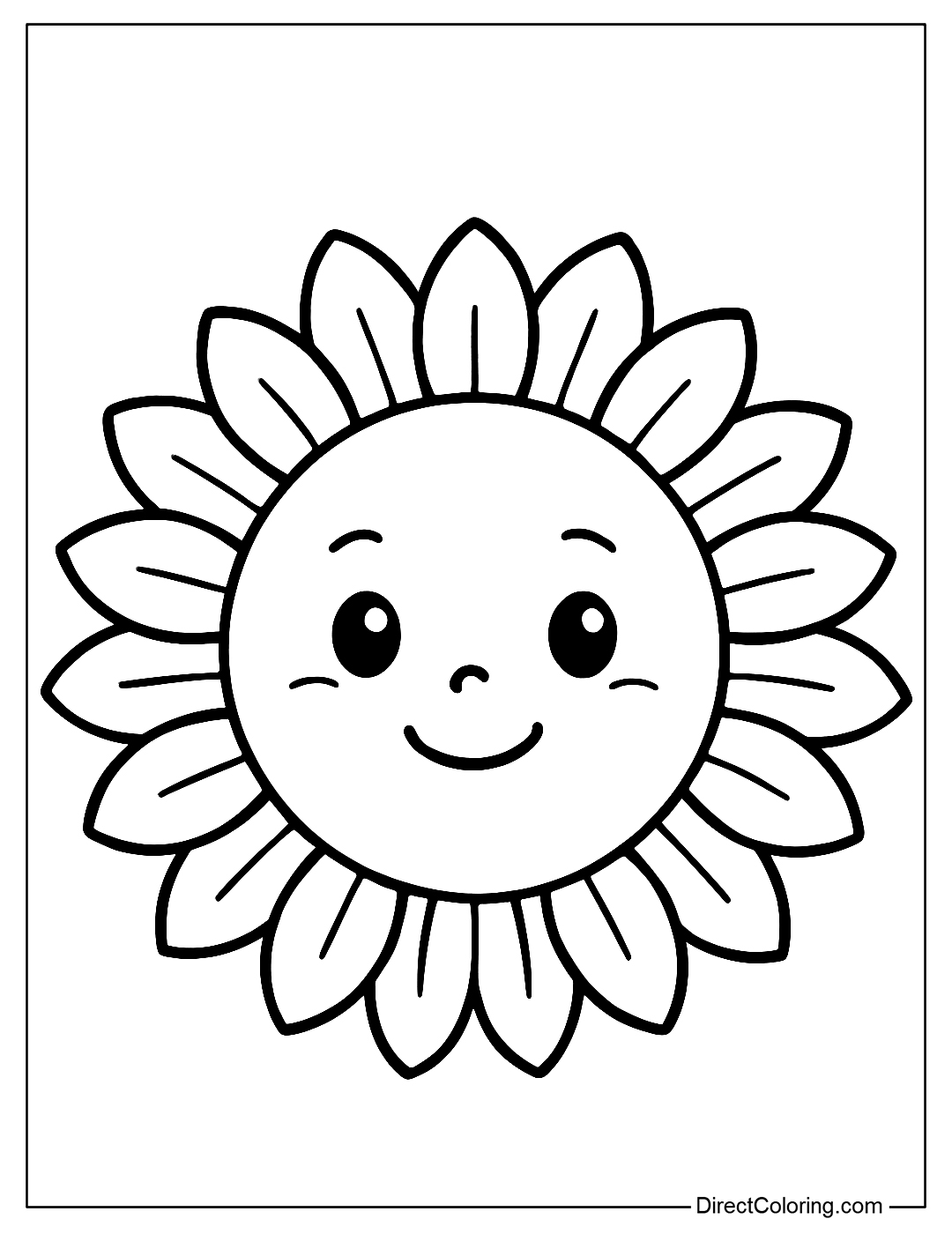 Sun coloring page with sunflower petals instead of rays of sunlight, cute style